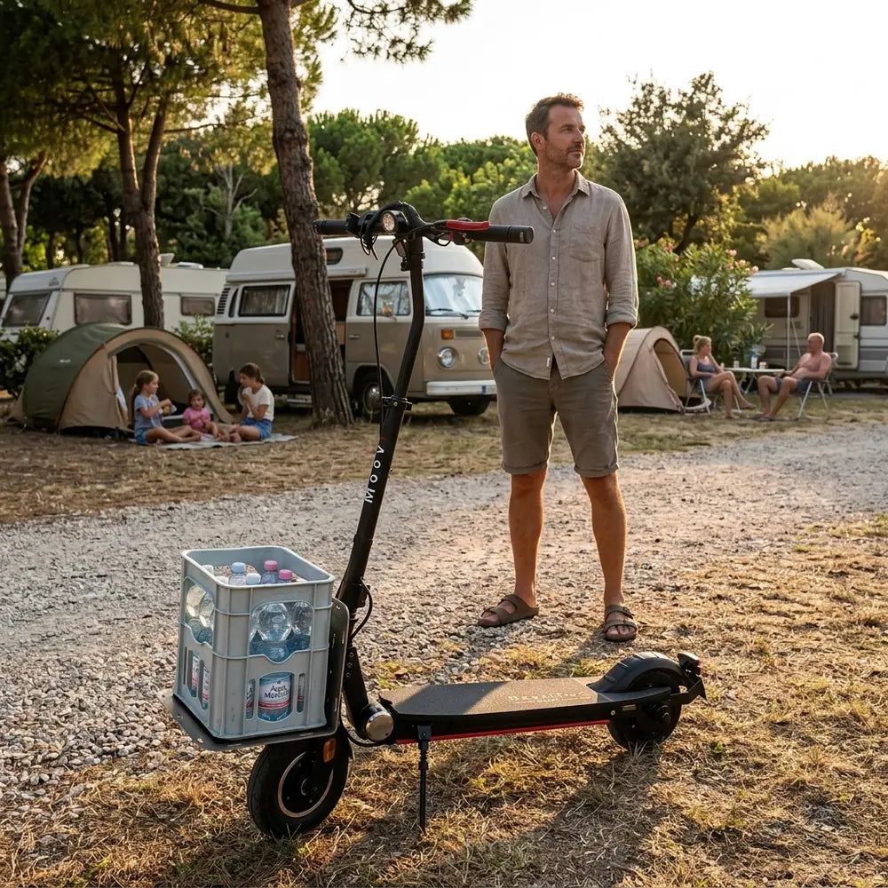 Mann, MOOVI E-Scooter mit Getränkekiste im Campingplatz Cavallino Treporti. Kinder, Camper und Zelte.