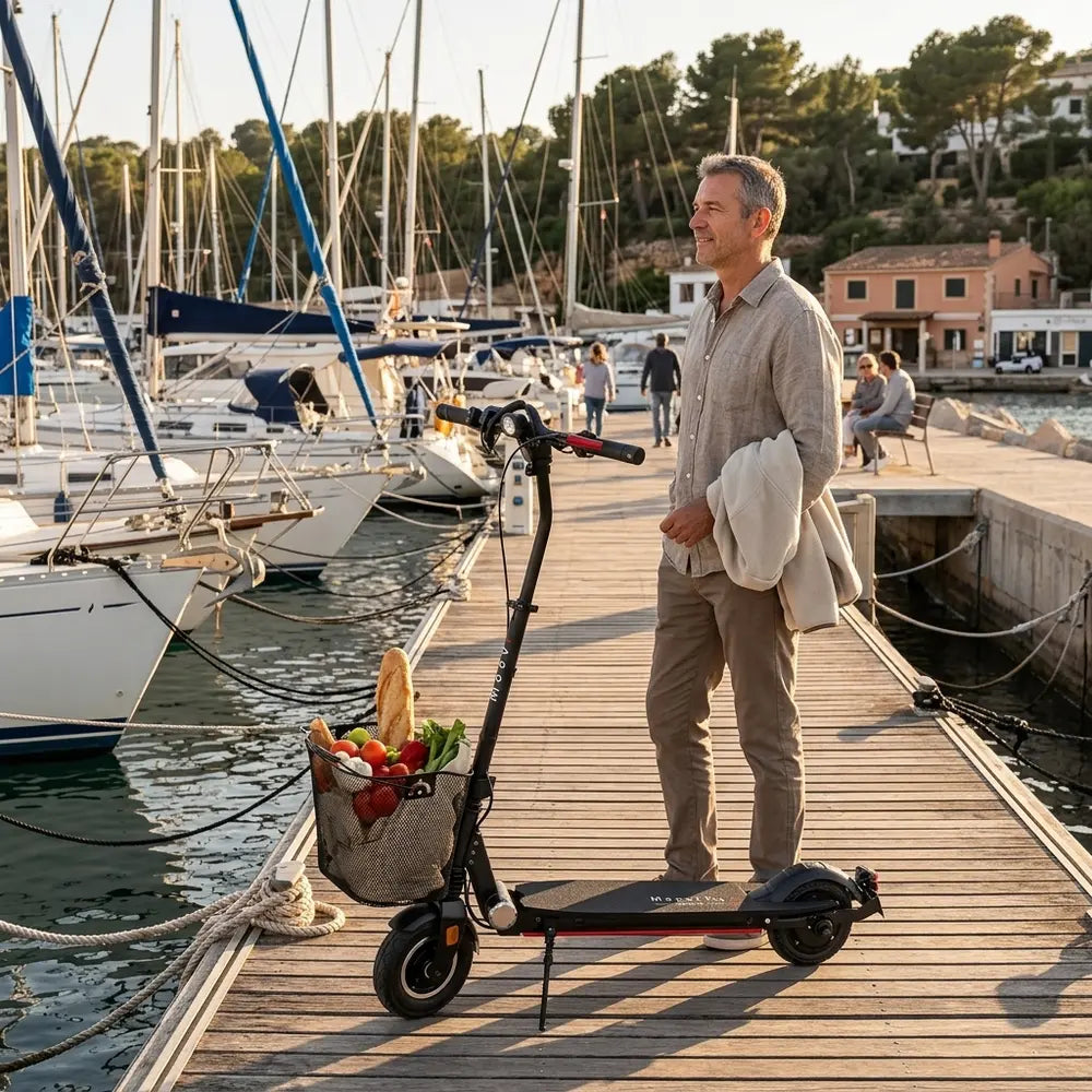 Mann mit MOOVI E-Scooter und Einkaufskorb am Hafen von Santa Ponsa, vielen Segelbooten.
