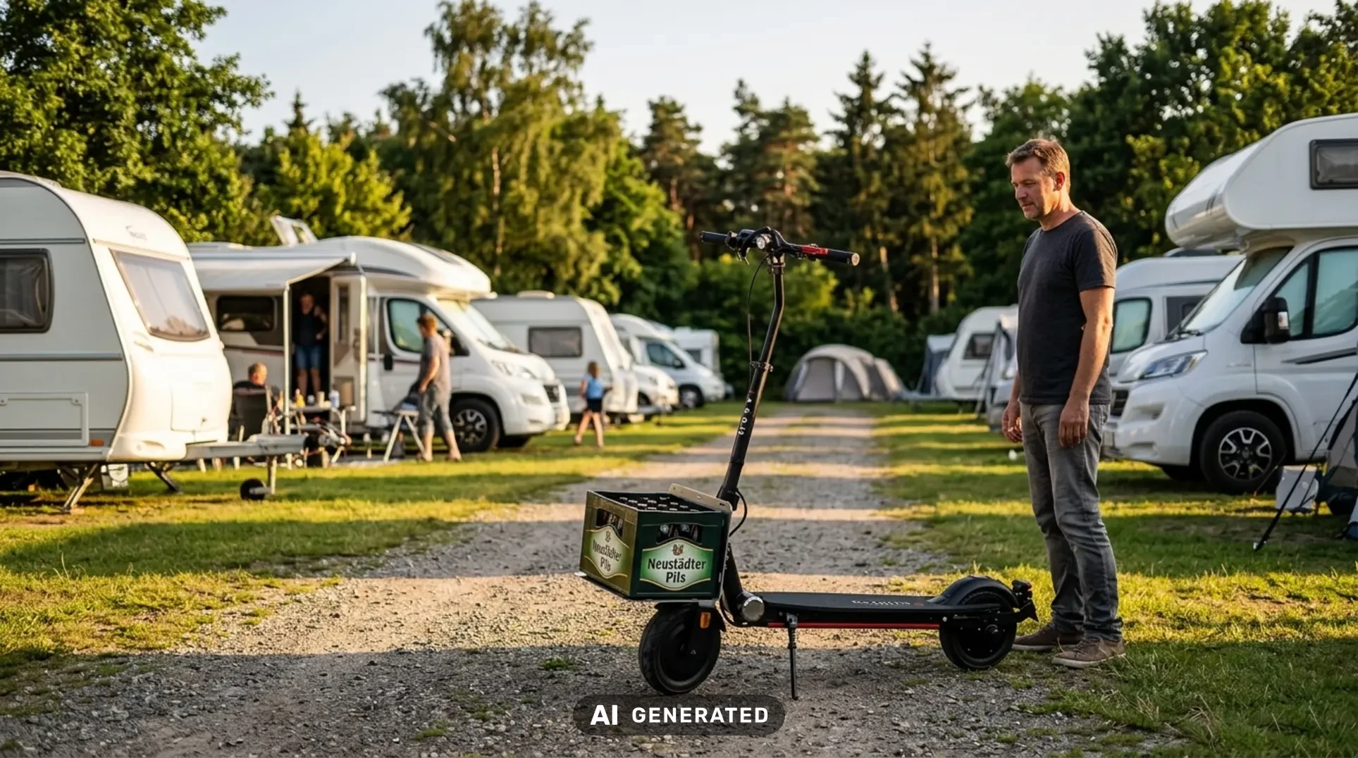 Ein Mann steht auf einem Campingplatz bei Neustadt in Holstein neben einem MOOVI E-Scooter mit Getränkekiste.