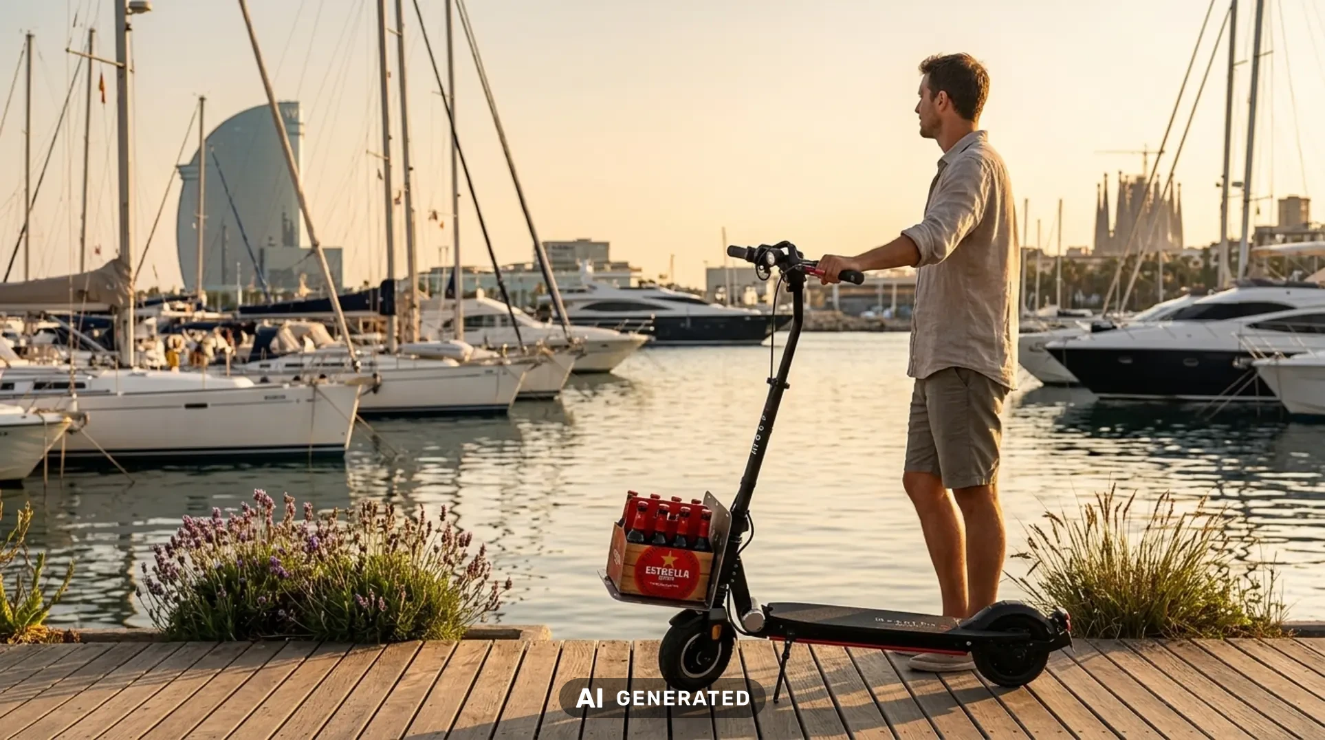 Ein Mann fährt einen MOOVI E-Scooter mit Bierkasten-Halterung vor der Kulisse des Hafens von Barcelona.