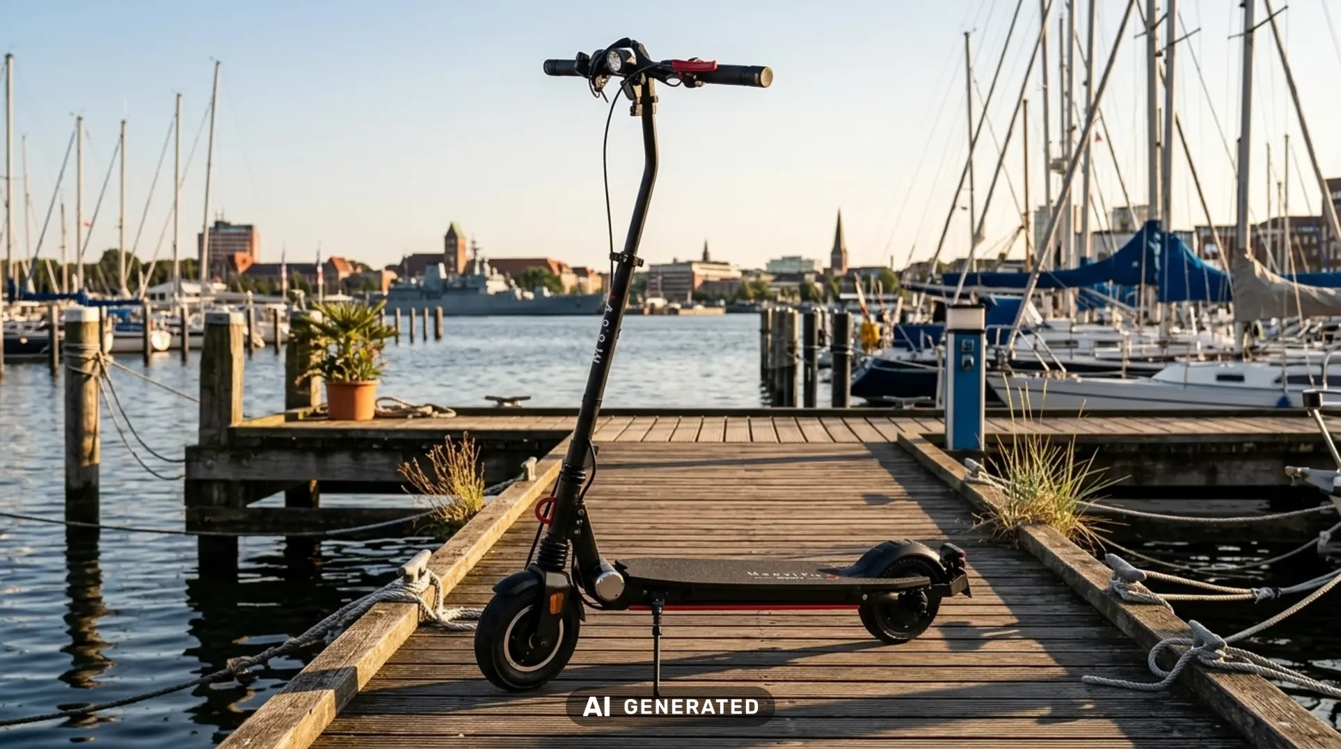 Schwarzer MOOVI E-Scooter mit Frontlicht steht auf einem Holzsteg im Kieler Hafen vor einer Segelboot-Kulisse.