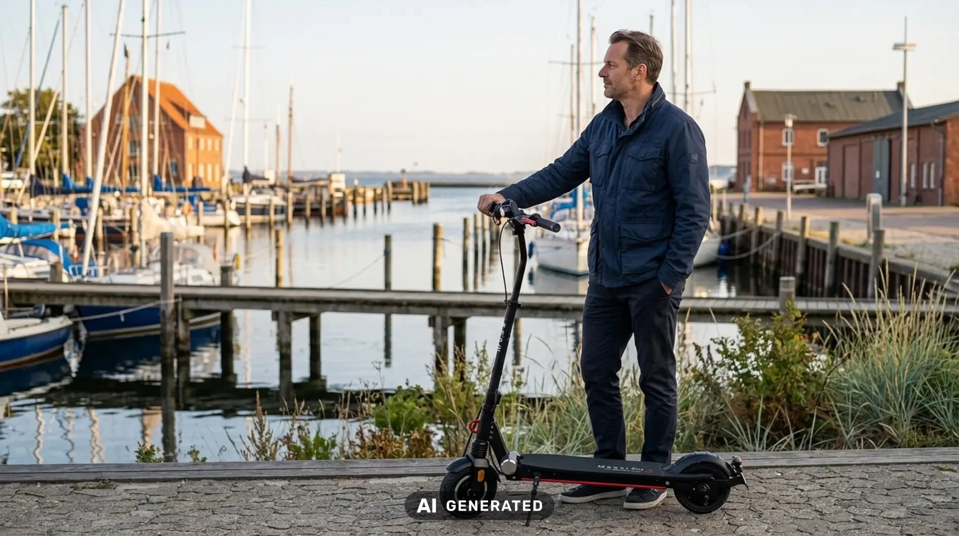 Mann mit Moovi E-Scooter am Hafen von Neustadt in Holstein, im Hintergrund Segelboote und rote Backsteingebäude.