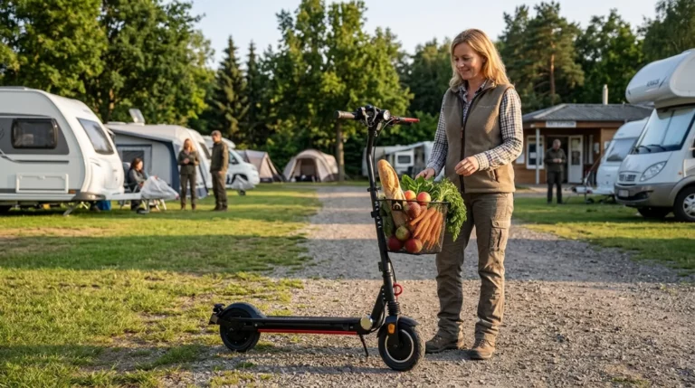 Frau mit MOOVI E-Scooter und Einkaufskorb auf einem Campingplatz bei Rostock, umgeben von Wohnwagen und Natur.