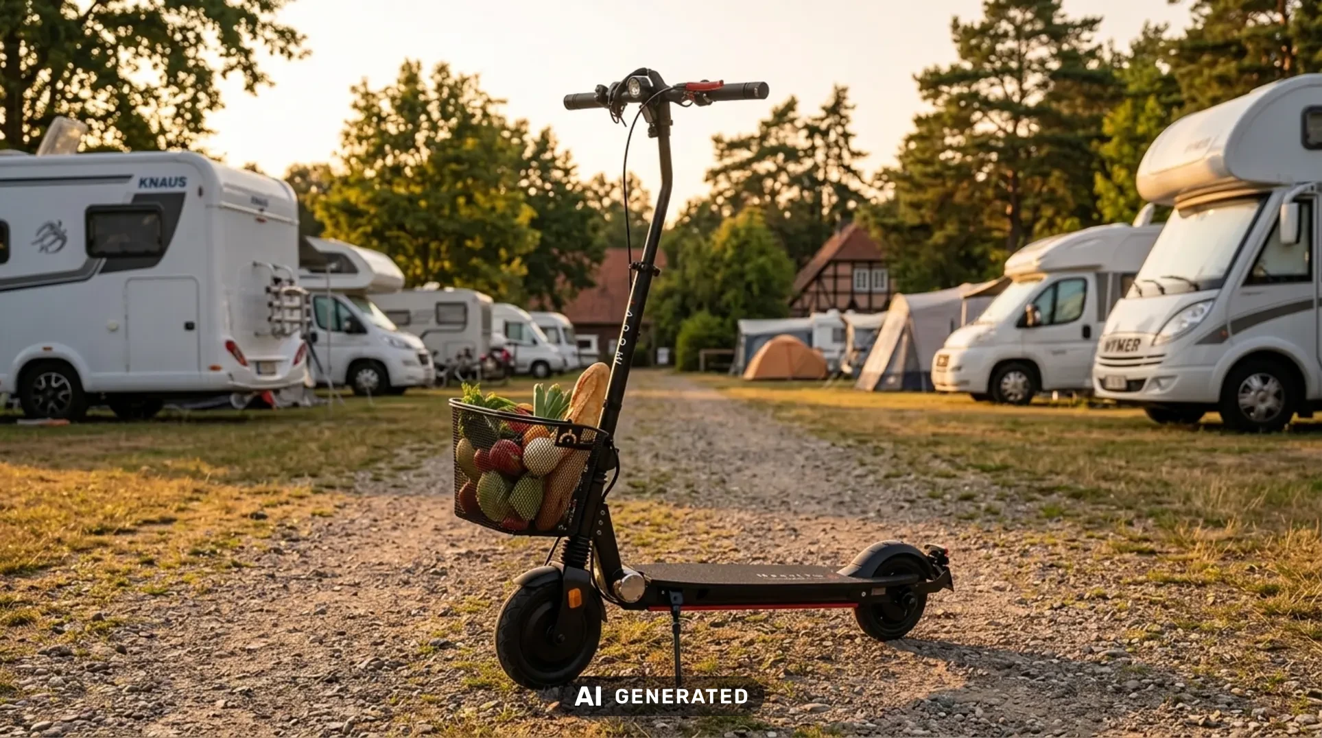 MOOVI E-Scooter mit Korb voller Lebensmittel auf einem Campingplatz in Wietzendorf bei Sonnenuntergang.