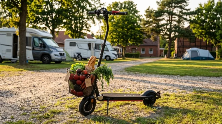 MOOVI E-Scooter mit Korb voller frischem Gemüse auf einem Campingplatz in Rerik im Licht der Abendsonne.