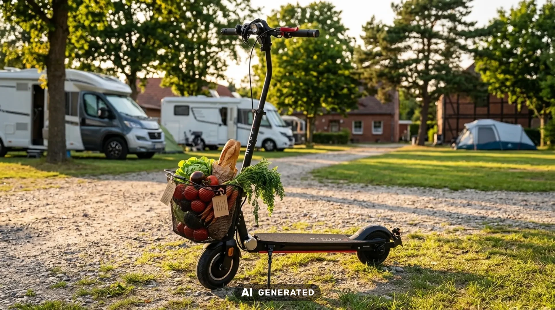 MOOVI E-Scooter mit Korb voller frischem Gemüse auf einem Campingplatz in Rerik im Licht der Abendsonne.
