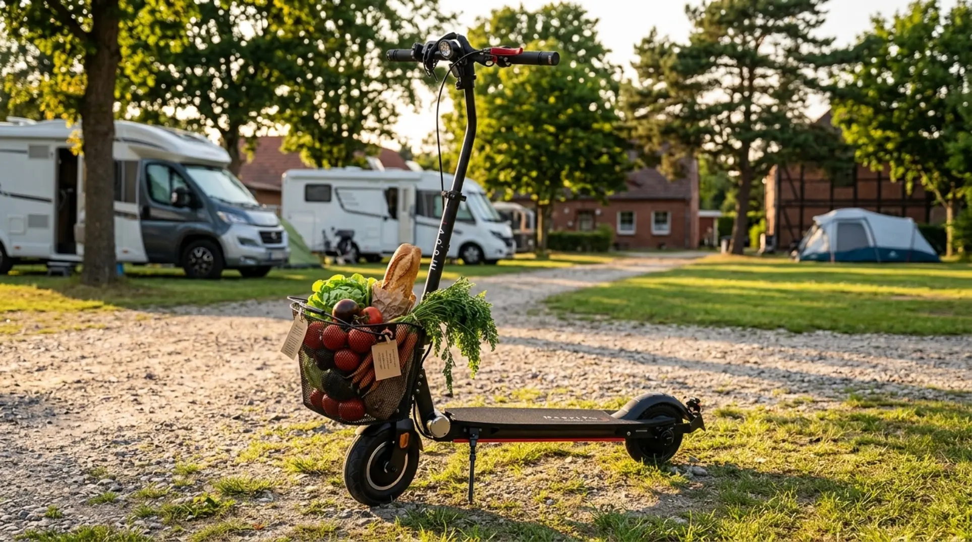 MOOVI E-Scooter mit Korb voller frischem Gemüse auf einem Campingplatz in Rerik im Licht der Abendsonne.