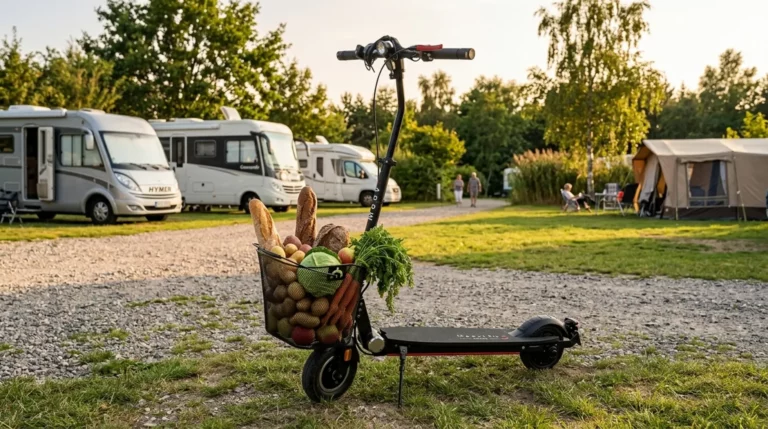 MOOVI E-Scooter mit Einkaufskorb voller Lebensmittel auf einem Campingplatz in der Umgebung von Rostock.