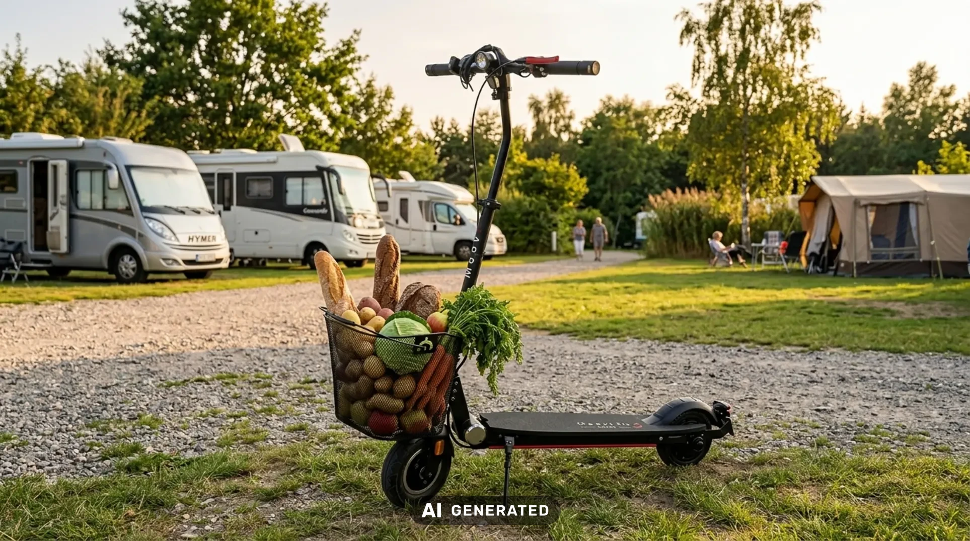 MOOVI E-Scooter mit Einkaufskorb voller Lebensmittel auf einem Campingplatz in der Umgebung von Rostock.